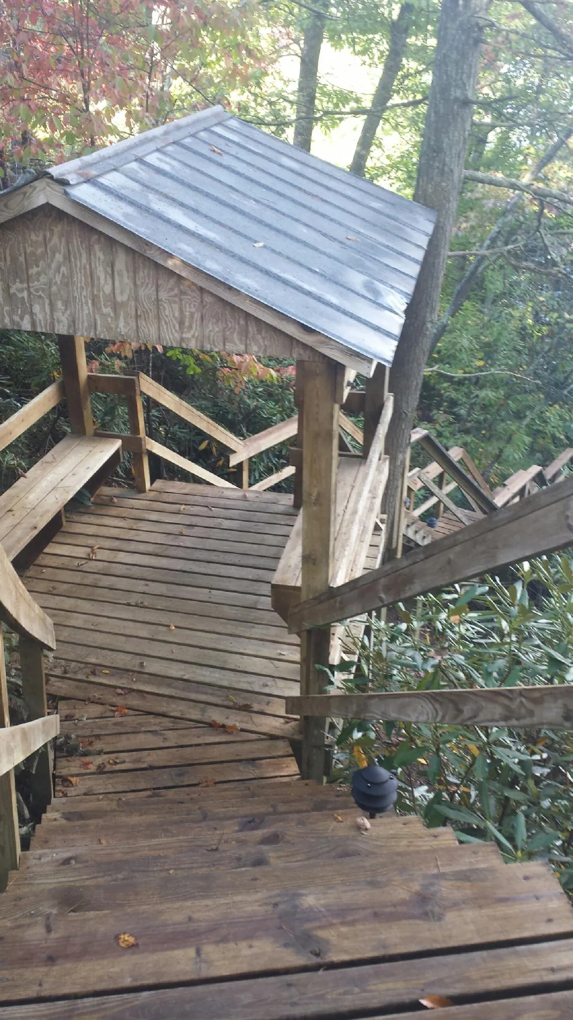 Metal roofed shelter over wooden steps on a wooded walkway — Skylight Repair & Installation work by our crew in Pickerington